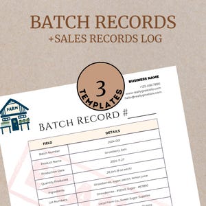 May include: A printable batch record template for tracking production details. The template includes fields for batch number, product name, production date, quantity produced, ingredients, and lot numbers. The template also includes a section for business name, phone number, website, and email address.
