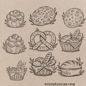 Sourdough Bread Clipart SVG Thermal Label Printer Optimized PNG Bakery Baguette Clipart Commercial Use POD Bread Making Png Roller Pin Svg