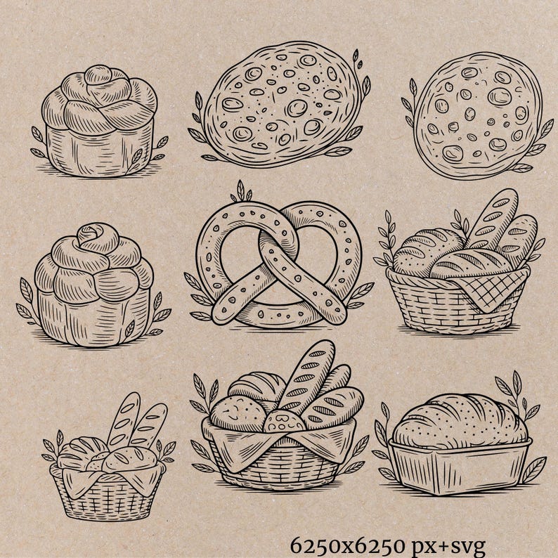 Sourdough Bread Clipart SVG Thermal Label Printer Optimized PNG Bakery Baguette Clipart Commercial Use POD Bread Making Png Roller Pin Svg