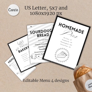 Puede incluir: Cuatro diseños de menú imprimibles en blanco y negro para una panadería. Los diseños presentan texto que dice "All Tastes Bakery", "Sourdough Bread", "Homemade Pies" y "Menu". Los diseños también presentan ilustraciones de pan, tartas y una corona.