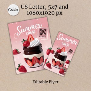 Op de afbeelding: Een roze flyer met de tekst "Summer cake jar" in wit cursief schrift. Een glazen pot gevuld met een dessert van chocolade en slagroom, bedekt met aardbeien, bevindt zich in het midden van de flyer. Een QR-code bevindt zich rechtsboven met de tekst "book here". De flyer heeft de tekst "Editable Flyer" onderaan.