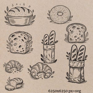 Sourdough Bread Clipart SVG Thermal Label Printer Optimized PNG Bakery Baguette Clipart Commercial Use POD Bread Making Png Roller Pin Svg