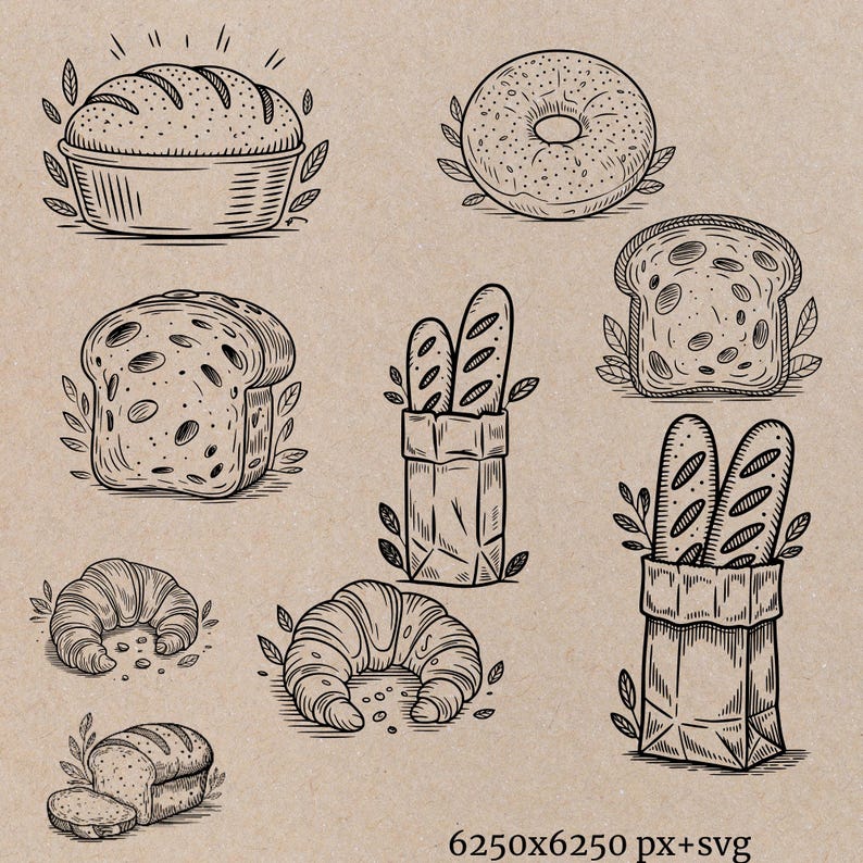 Sourdough Bread Clipart SVG Thermal Label Printer Optimized PNG Bakery Baguette Clipart Commercial Use POD Bread Making Png Roller Pin Svg