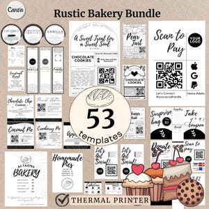 May include: A black and white graphic design bundle for a rustic bakery. The bundle includes 53 templates for thermal printers. The templates feature various bakery items, such as cookies, pies, bread, and tarts. The text "A Sweet Treat for a Sweet Soul" is featured on one of the templates.