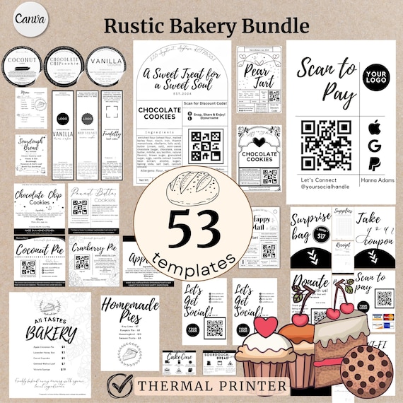 Small Bakery Canva Template Kit for Labels QR Codes Price Tags Receipts Menus Rustic Style Editable Black and White Printable Bundle Sticker