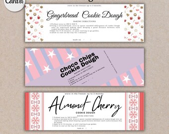 May include: Three printable cookie dough labels with festive designs. The labels feature gingerbread, chocolate chip, and almond cherry cookie dough. Each label includes baking directions and a note to store in the freezer up to 3 months.