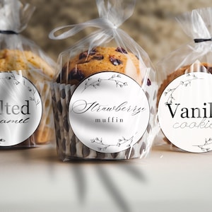 Bearbeitbare Geschmacksetiketten Vorlage Runde kleine Feminine Duft Geschmack Aufkleber Back Paket Ideen Bäckerei Branding Baker Siegel Cupcake Aufkleber