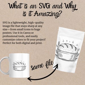 May include: A black and white illustration of a loaf of bread in a basket. The illustration is on a white mug and a white pouch. The text "same file" is written in black on a white background with an arrow pointing to the pouch.