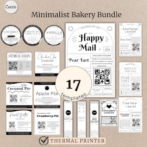 May include: A set of 17 black and white printable bakery labels for a thermal printer. The labels feature different types of cookies, pies, and cakes, with a minimalist design and a QR code for each product. The labels include text such as "Coconut Pie", "Chocolate Chip Cookies", "Cranberry Pie", and "Vanilla Cookie".