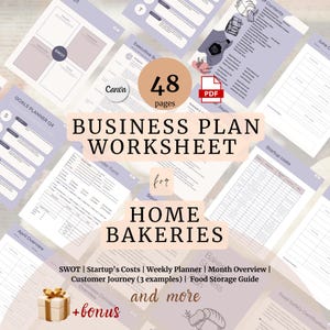 Könnte beinhalten: Ein Businessplan-Arbeitsblatt für Hausbäckereien mit 48 Seiten. Das Arbeitsblatt enthält Abschnitte für SWOT-Analyse, Startkosten, Wochenplaner, Kundenreise und mehr. Das Arbeitsblatt ist im PDF-Format.