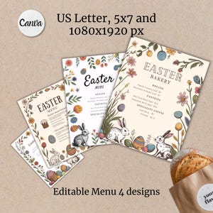 Paquete de plantillas de menú de panadería de Pascua, lista de precios editable para el mercado de agricultores, menú de pan de primavera, pastelería, plantilla de Canva, menú emergente de huevos de chocolate