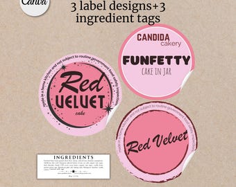Red Velvet Editable Flavor Label Funfetty Cake in a Jar Label Tag Minimalist for Homemade Ingredients Baker Seals Mason Jar Mini Cakes Tags