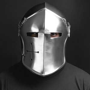 Black and Chrome Barbuta Helmet – Medieval Combat-Ready Warrior Headgear for Reenactment, Militaria Display & Fantasy Collectors