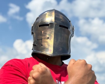 Medieval Knight Armet Helmet – Antique Brown and Blackened Steel Finish, Crusader Style Collectible for Cosplay, LARP, Renaissance Faire