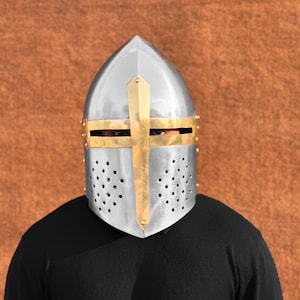 Casco de cruzado templario auténtico: réplica del gran casco medieval del siglo XII para cosplay, LARP, exhibición y accesorios