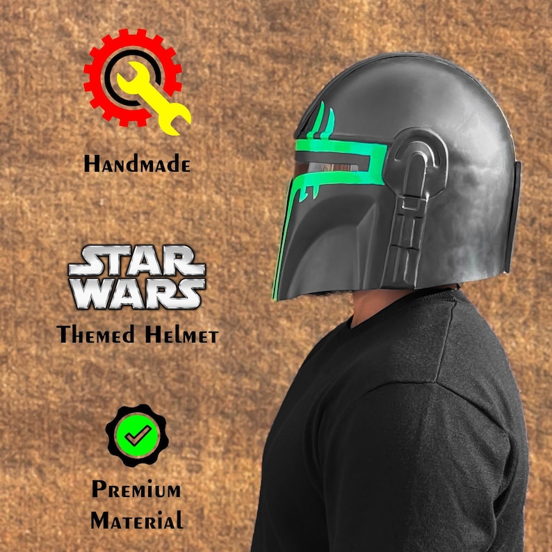 Replika av den gröna Mandalorian-hjälmen | Star Wars Cosplay-rekvisita | Din Djarins ikoniska hjälm | Mando-hjälmpresent till honom | Present för män | Heminredning bild 2