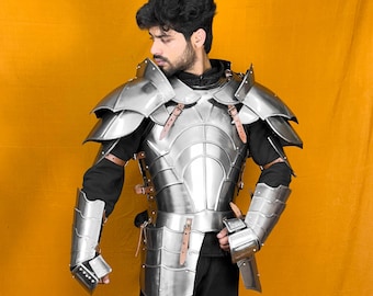 Armadura medieval de medio cuerpo / Conjunto de coraza, hombreras y guanteletes de acero SCA de calibre 18 / Perfecto para recreaciones de combate LARP