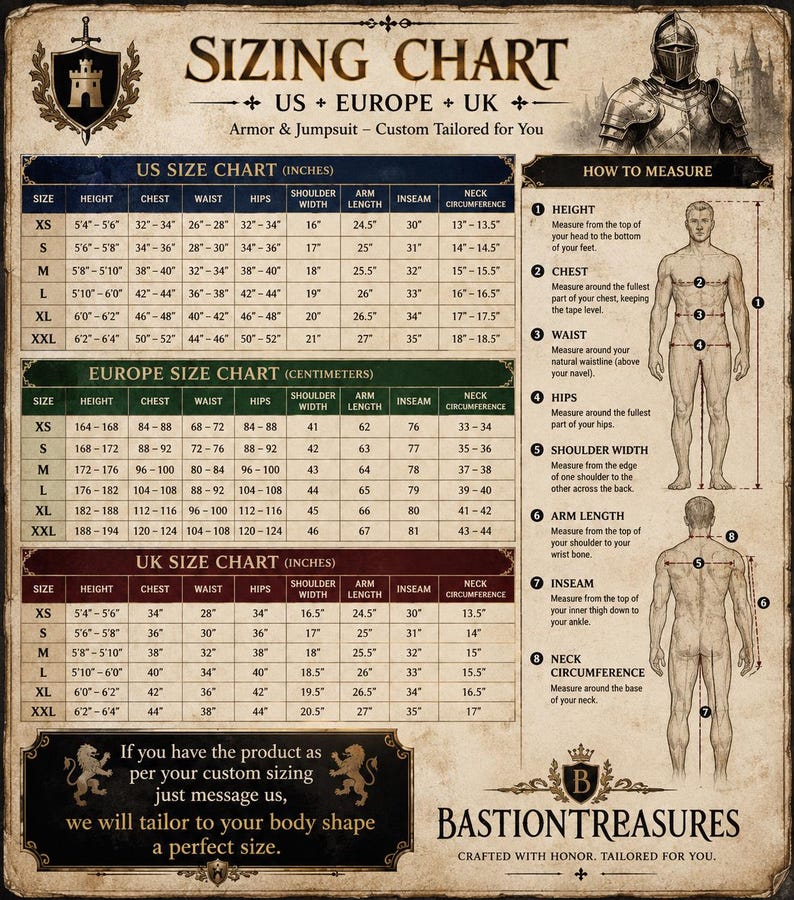 Puede incluir: Tabla de tallas para armaduras y monos, con medidas de EE. UU., Europa y Reino Unido. Incluye tallas de pecho, cintura y cadera en pulgadas y cent&iacute;metros, con diagramas de medici&oacute;n.