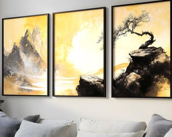 Zen Oriental Painting – Mountain Landscape in Golden and Black Tones, Digital Triptych for Minimalist Home Decor
