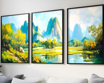 Asian Landscape Oil Painting – Mountain and Nature Triptych in Green and Golden Tones, Set of 3 Digital Prints for Zen Decor