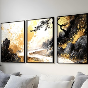Zen Ink and Gold Landscape - Oriental Triptych with Expressive Brushstrokes and Golden Accents, Set of 3 Digital Prints for Decor