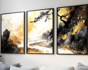Zen Ink and Gold Landscape - Oriental Triptych with Expressive Brushstrokes and Golden Accents, Set of 3 Digital Prints for Decor