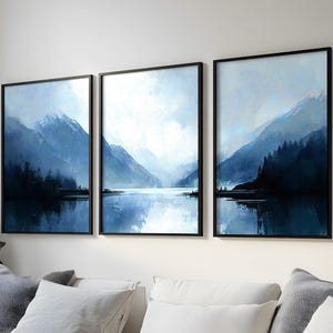 Contemporary Landscape Art - Misty Blue Mountain Triptych, Set of 3 Digital Prints for Minimalist Decor