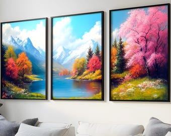 Modern Landscape Art – Mountain & Forest Triptych in Autumn Tones, Set of 3 Digital Prints for Natural and Sophisticated Decor