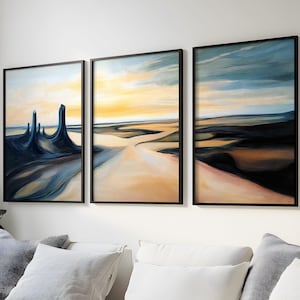 Dreamlike Abstract Landscape - Triptych in Golden, Blue, and Black Tones, Set of 3 Digital Prints for Contemporary Décor