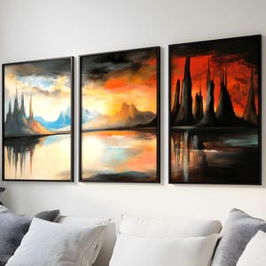 Fantasy Landscape Triptych - Surreal Digital Art in Warm and Cool Tones, Set of 3 Prints for Home Décor