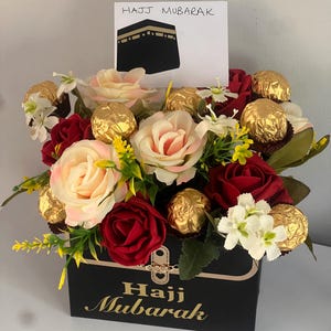 Hajj Umrah mubarak urodziny eid prezent czekoladowy rocznica kosz, pudełko prezentowe, bukiet, pudełko prezentowe czekoladowe, kosz bukiet czekoladowy