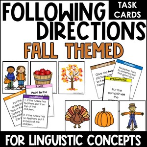 Può includere: Un set di schede di attività con immagini a tema autunnale e istruzioni per seguire le indicazioni. Le schede sono progettate per l'uso in logopedia o attività di sviluppo del linguaggio. Le schede includono immagini di uno spaventapasseri, una zucca, un tacchino, mele e un albero con foglie autunnali. Le schede includono anche testo che descrive i compiti, come "Puntare alla zucca" o "Mettere la mela sullo spaventapasseri".