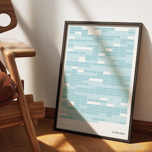 Könnte beinhalten: Ein gerahmter Kunstdruck mit einem geometrischen Muster in Blau- und Weißtönen. Das Kunstwerk, in einem schwarzen Rahmen, lehnt an einer weißen Wand. Der Druck trägt die Aufschrift "Le Lines, Spain".