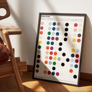 Könnte beinhalten: Ein schwarzer gerahmter Poster mit dem Titel "Colour Guide" und einem Raster aus bunten Kreisen.