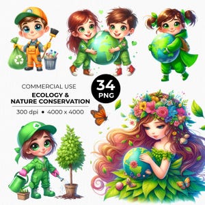 Imágenes prediseñadas de niños ecológicos: niños y niñas abrazando la Tierra, limpiando basura, con trajes de héroes ecológicos. La Madre Tierra ama el Día de la Tierra, Día Mundial de la Limpieza. Eventos escolares.