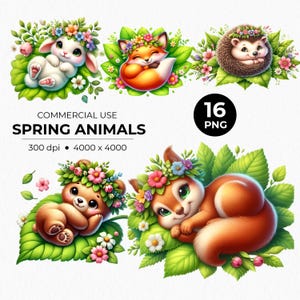 Amis de la forêt printaniers sur feuille fleurie - Écureuil, hérisson, ours, lapin, renard - Idéal pour les projets de vacances et les créations inspirées de la nature