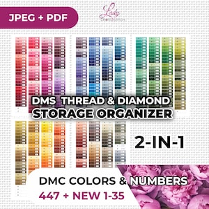 May include: A digital image of a thread and diamond storage organiser. The image shows colour swatches of DMC threads and numbers, with the text "DMS Thread & Diamond Storage Organizer" and "DMC Colors & Numbers 447 + NEW 1-35".