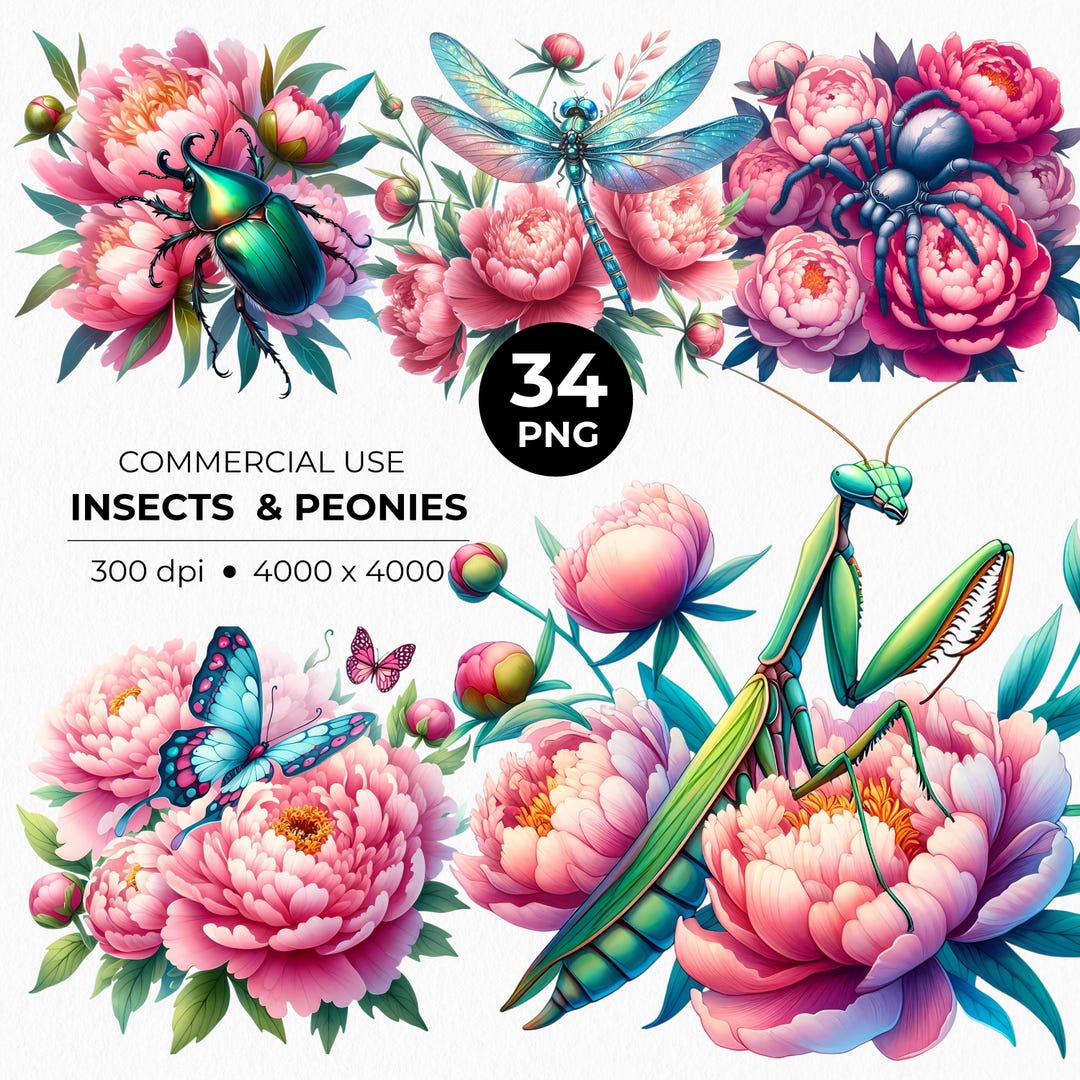 Insects and Peonies PNG Clipart, Butterflies, Ladybug, Mantis, Spider ...