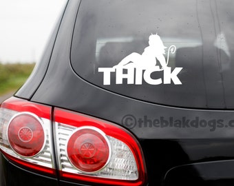 THICK Devil Fat Girl, Vinyl Sticker Car window Decal, chunky mud flap chick silhouette, thick thighs and brown eyes,  bumper sticker