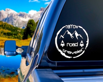 Narrow Road Traveler car window vinyl sticker decal, Matt 7:14, Because strait is the gate, and narrow is the way, hiking in the mountains