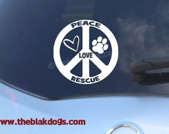 Peace Love Rescue circular Vinyl Sticker, Car Decal, rescue sticker, breed rescue, mixed breed rescue, peace symbol, car window decal