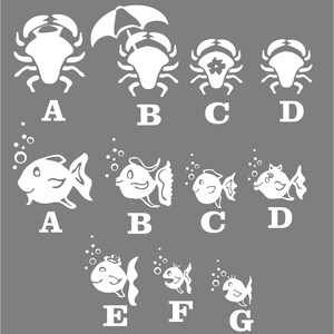 May include: A set of white silhouette images depicting the life cycle of a crab and a fish. The crab images show a crab with an umbrella, a crab with a flower, and a crab without any accessories. The fish images show a fish with bubbles, a fish with a hat, and a fish without any accessories.