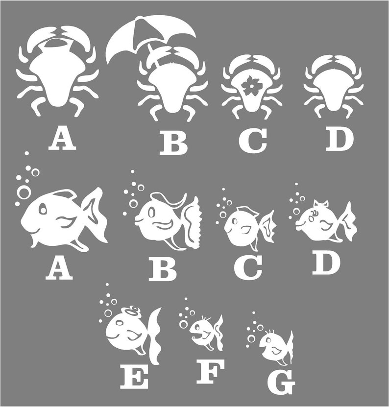 May include: A set of white silhouette images depicting the life cycle of a crab and a fish. The crab images show a crab with an umbrella, a crab with a flower, and a crab without any accessories. The fish images show a fish with bubbles, a fish with a hat, and a fish without any accessories.