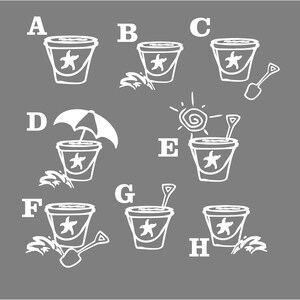 May include: A white illustration of a bucket and shovel with a starfish design. The illustration is labeled with letters A through H.