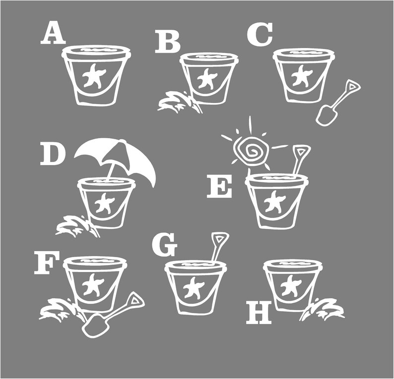 May include: A white illustration of a bucket and shovel with a starfish design. The illustration is labeled with letters A through H.