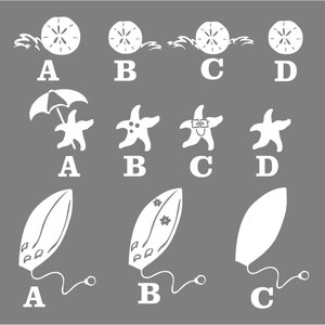May include: A black and white illustration of a beach scene with three different stages of a sand dollar, a starfish, and a surfboard. The sand dollar is shown in three stages of development, the starfish is shown with and without sunglasses, and the surfboard is shown with and without decorations.