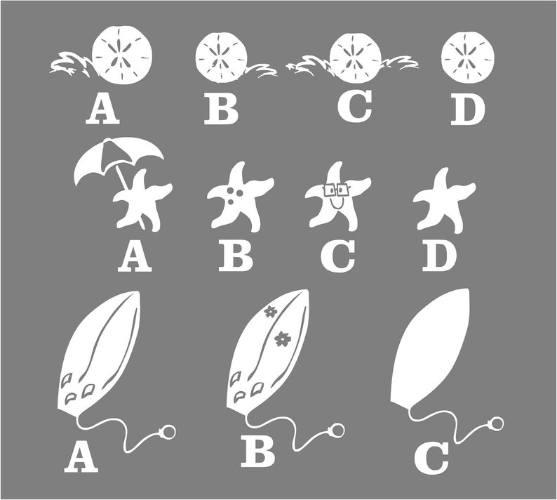 May include: A black and white illustration of a beach scene with three different stages of a sand dollar, a starfish, and a surfboard. The sand dollar is shown in three stages of development, the starfish is shown with and without sunglasses, and the surfboard is shown with and without decorations.