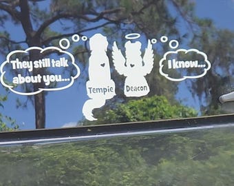 Custom Memorial vinyl sticker car windows decal, backside of two dogs, one has passed away, angel wings and halo, missing my departed dog