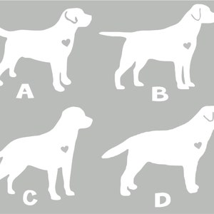 Puede incluir: Cuatro im&aacute;genes de silueta blanca de perros Labrador Retriever con corazones en el pecho. Los perros est&aacute;n etiquetados como A, B, C y D.