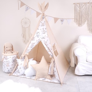 Kids’ teepee tent with play mat and 3 pillows – perfect for play, room decor, and relaxation, handmade BEIGE - AFRIKA SWING